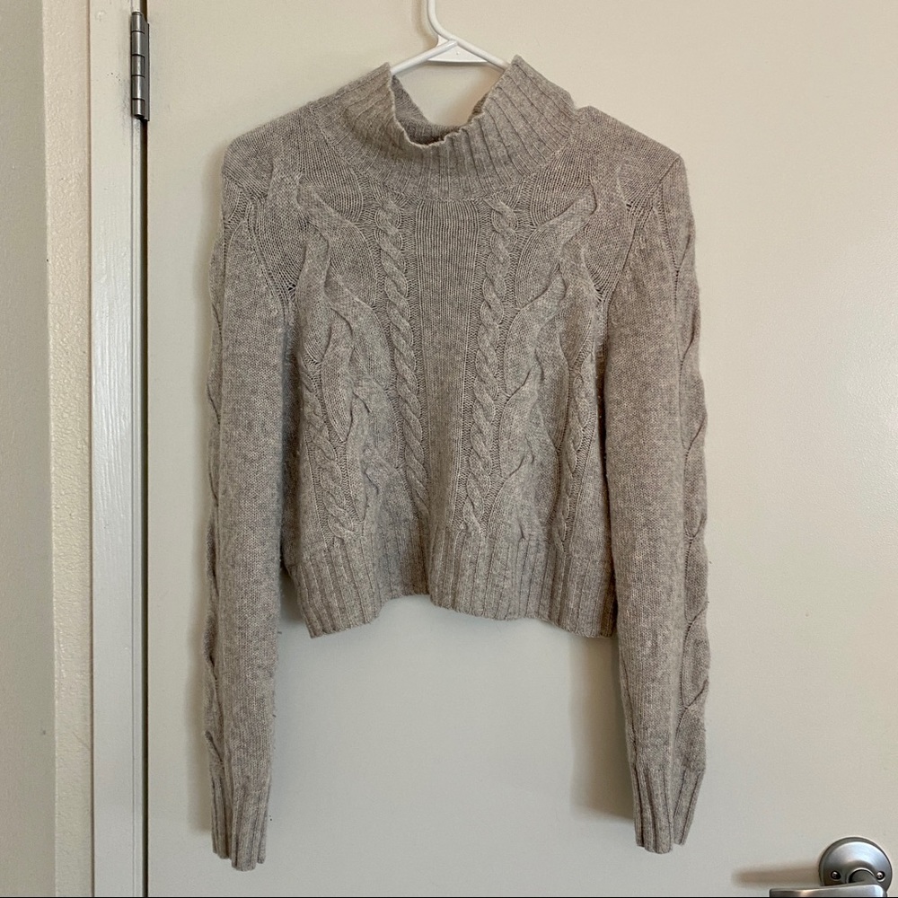 Design History 100% Cashmere Crop Mock Neck Sweater Cable Knit Gray